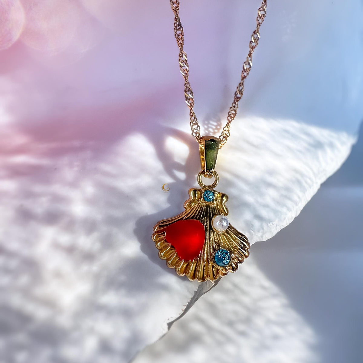 Gold Shell Heart Necklace with Red Enamel and Pearl