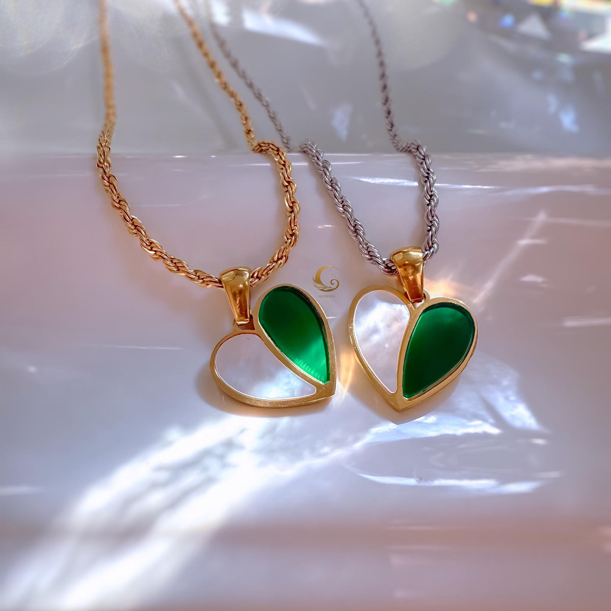 Green Heart Necklace with Shell Pearl Pendant