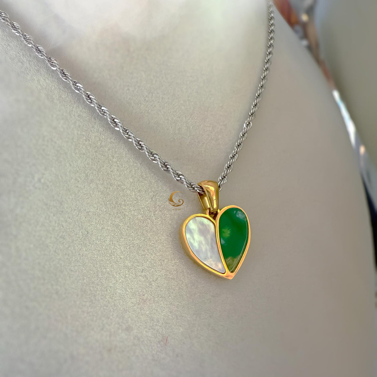 Green Heart Necklace with Shell Pearl Pendant