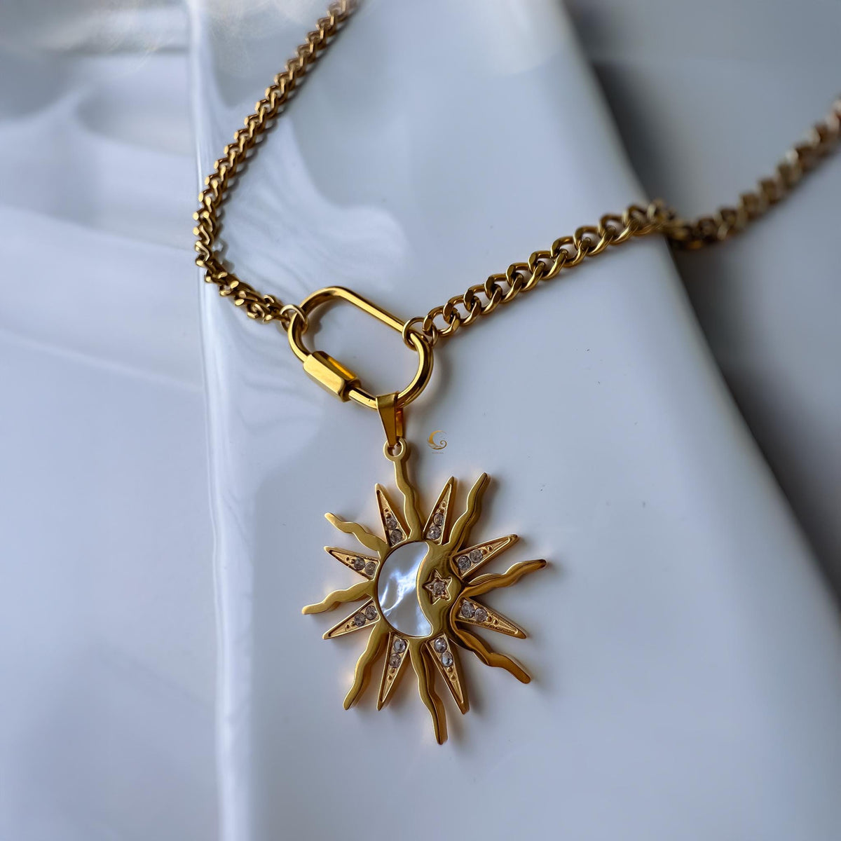 Sun and Moon Pendant Necklace with Shell Inlay and Cubic Zirconia