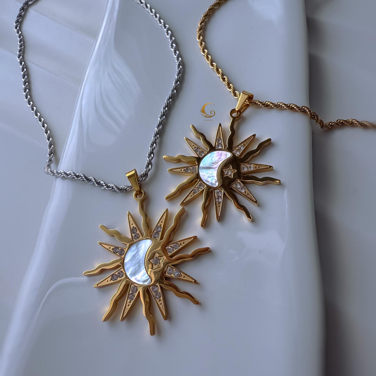Sun and Moon Pendant Necklace with Shell Inlay and Cubic Zirconia