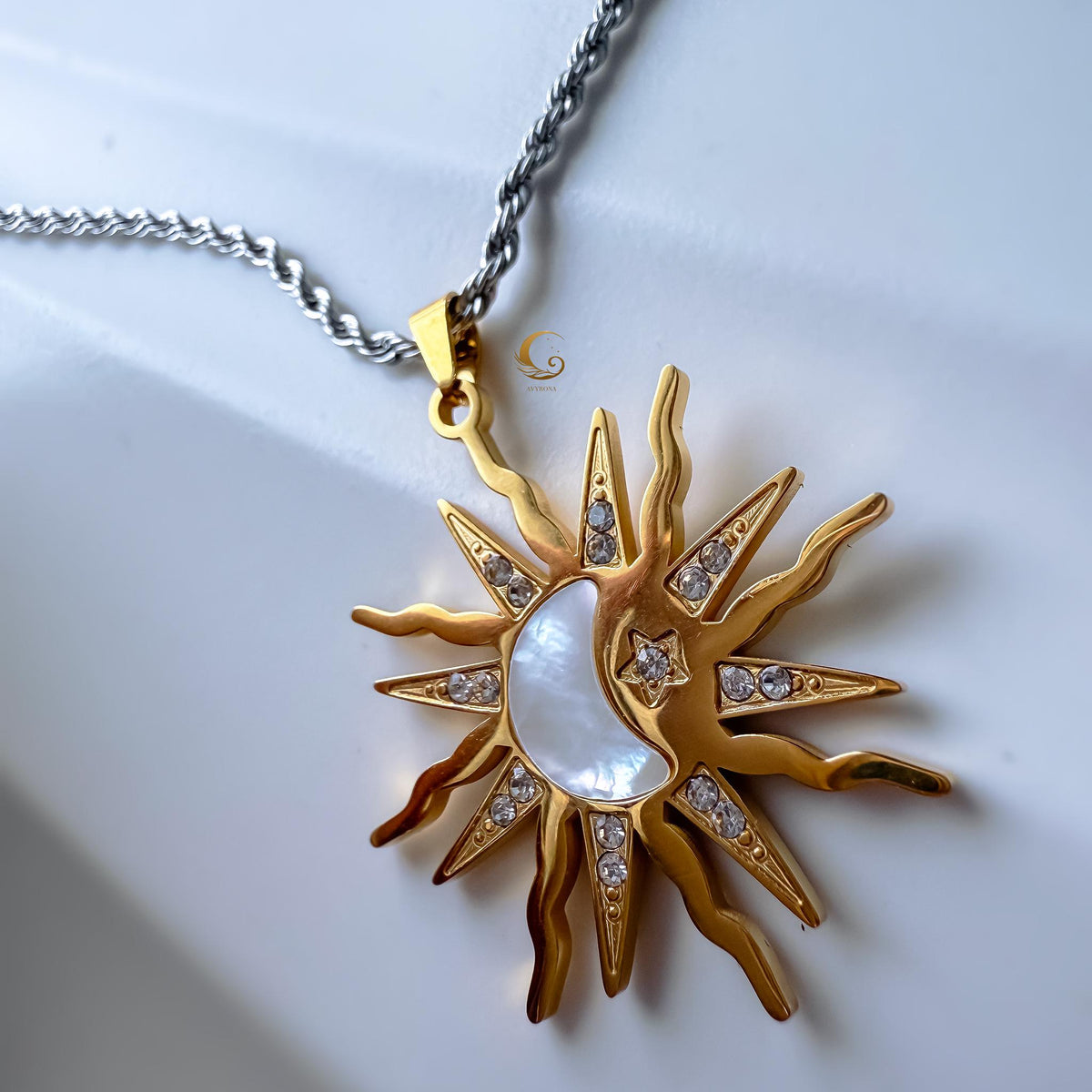 Sun and Moon Pendant Necklace with Shell Inlay and Cubic Zirconia