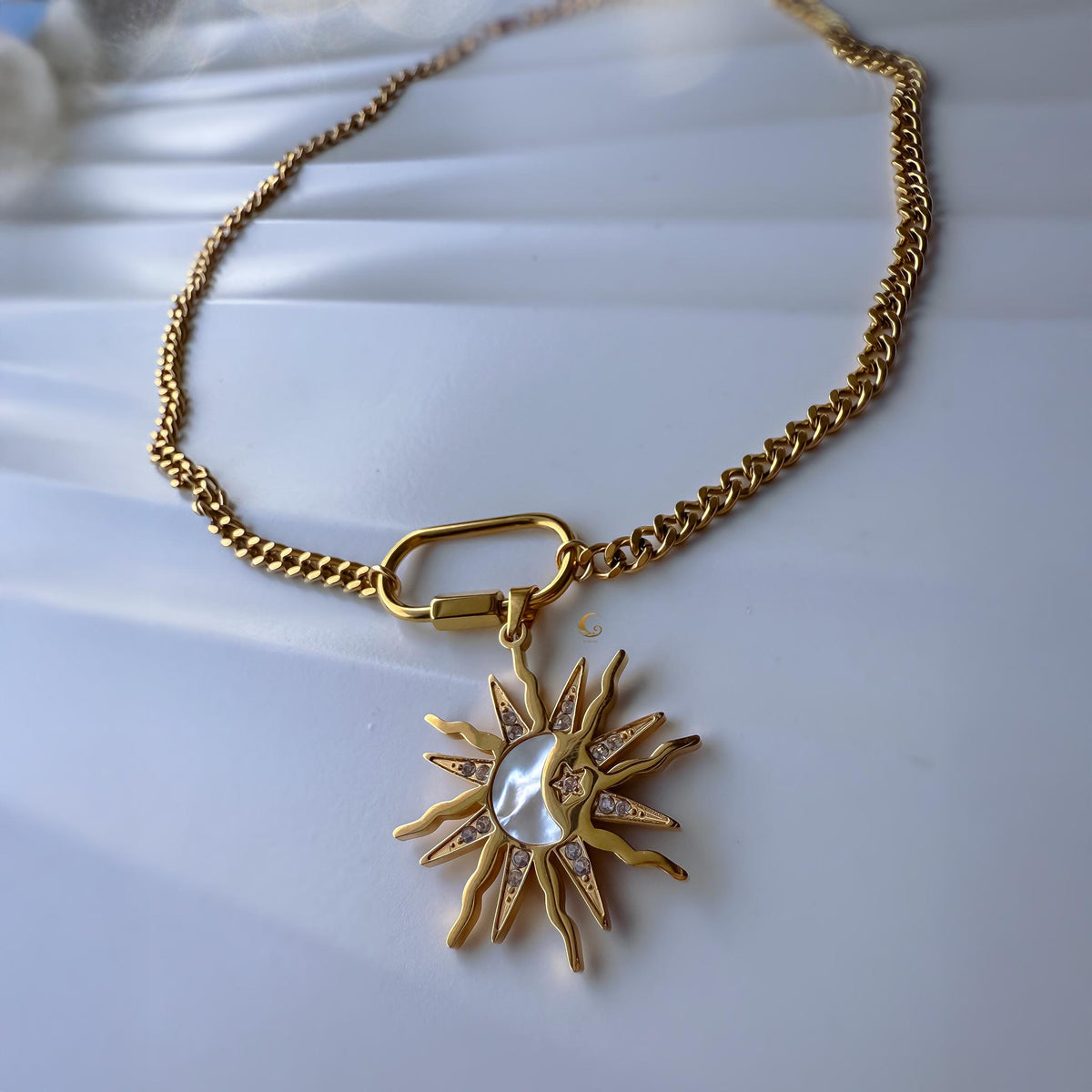 Sun and Moon Pendant Necklace with Shell Inlay and Cubic Zirconia