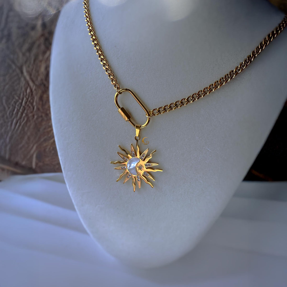 Sun and Moon Pendant Necklace with Shell Inlay and Cubic Zirconia