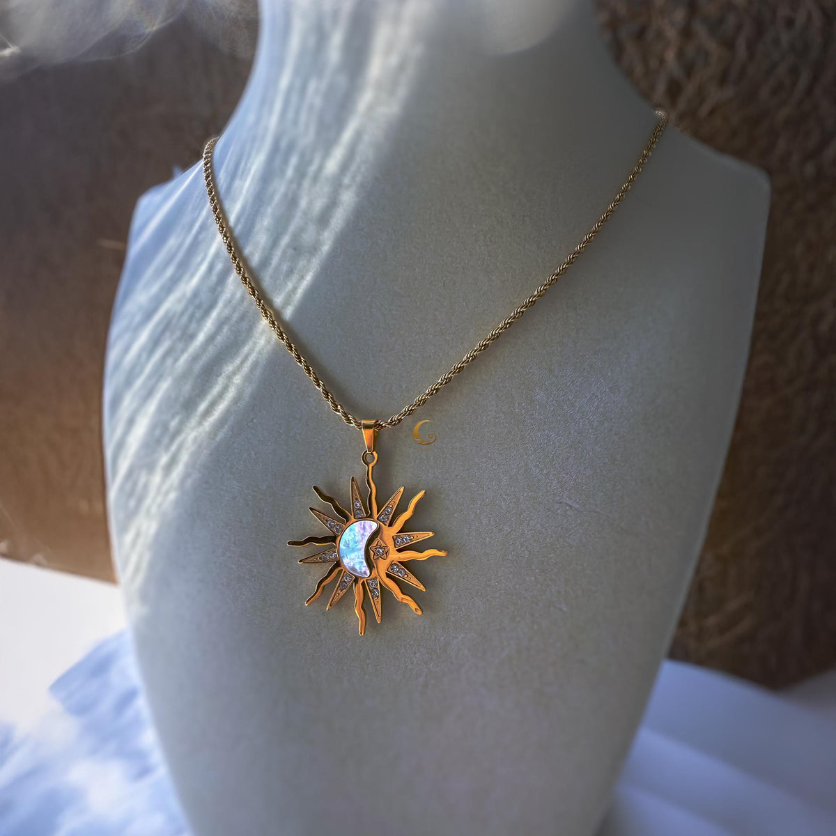 Sun and Moon Pendant Necklace with Shell Inlay and Cubic Zirconia