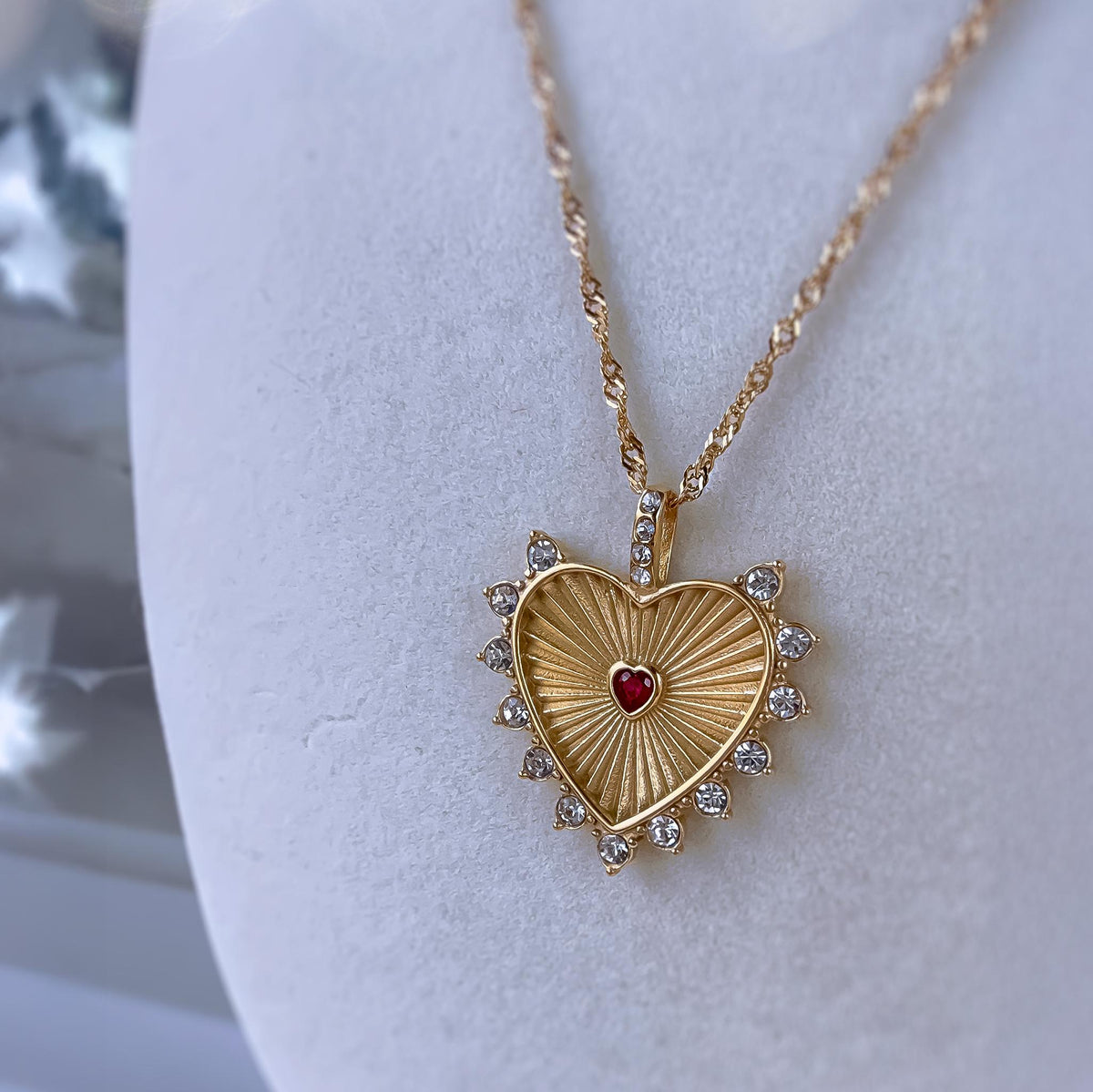 Gold Heart Necklace with Red Crystal