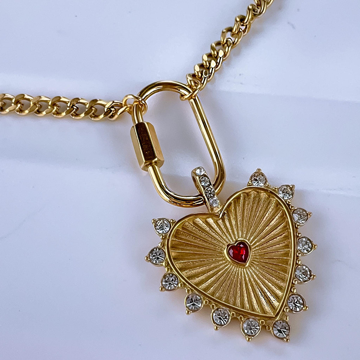 Gold Heart Necklace with Red Crystal