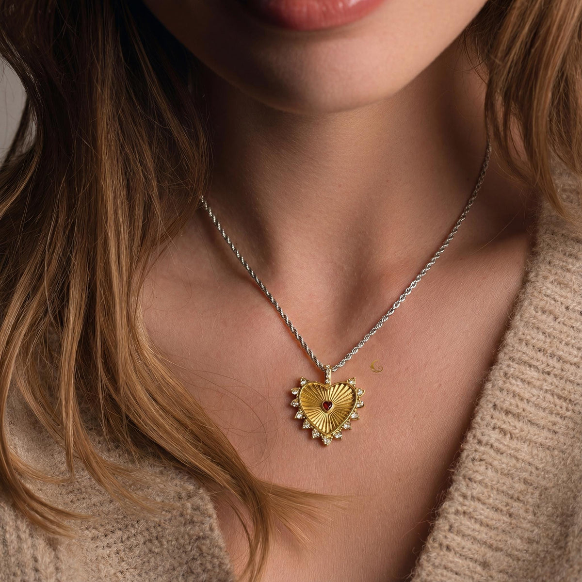 Gold Heart Necklace with Red Crystal