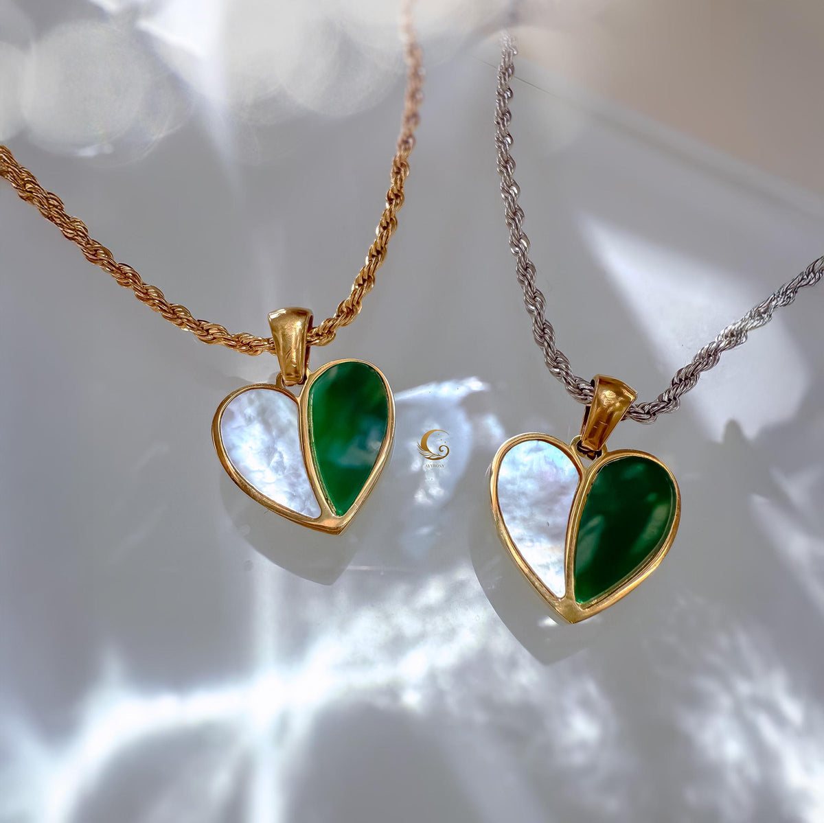 Green Heart Necklace with Shell Pearl Pendant