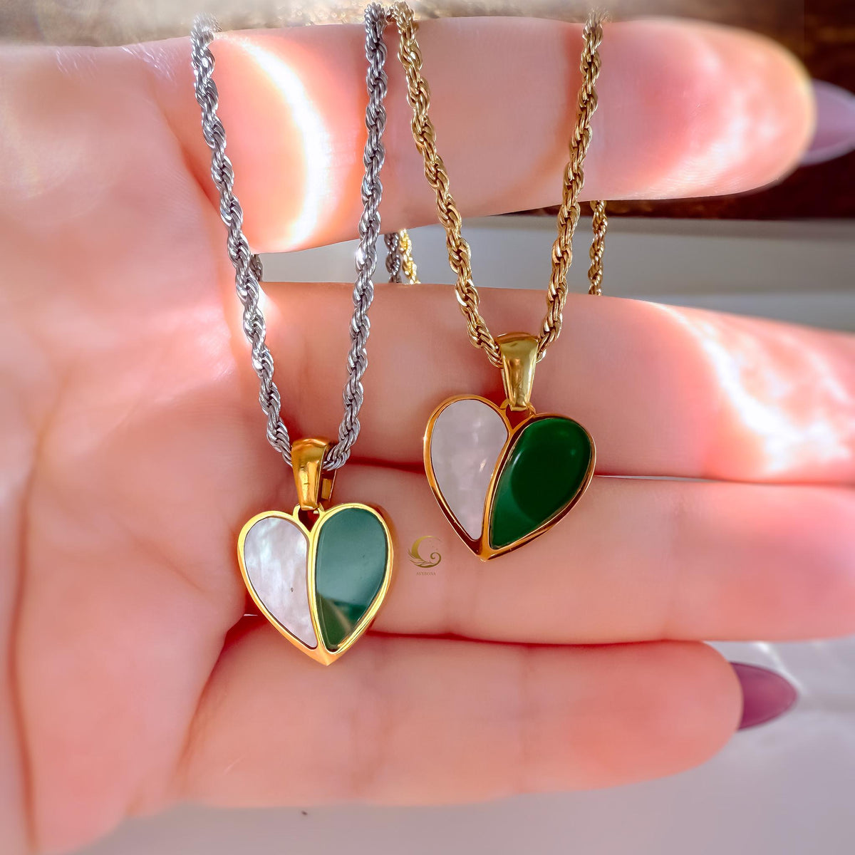 Green Heart Necklace with Shell Pearl Pendant