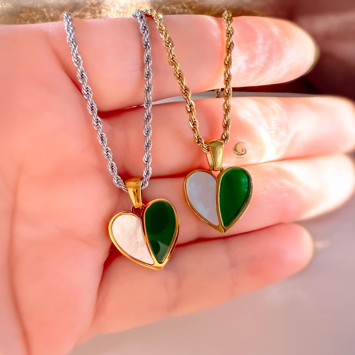 Green Heart Necklace with Shell Pearl Pendant