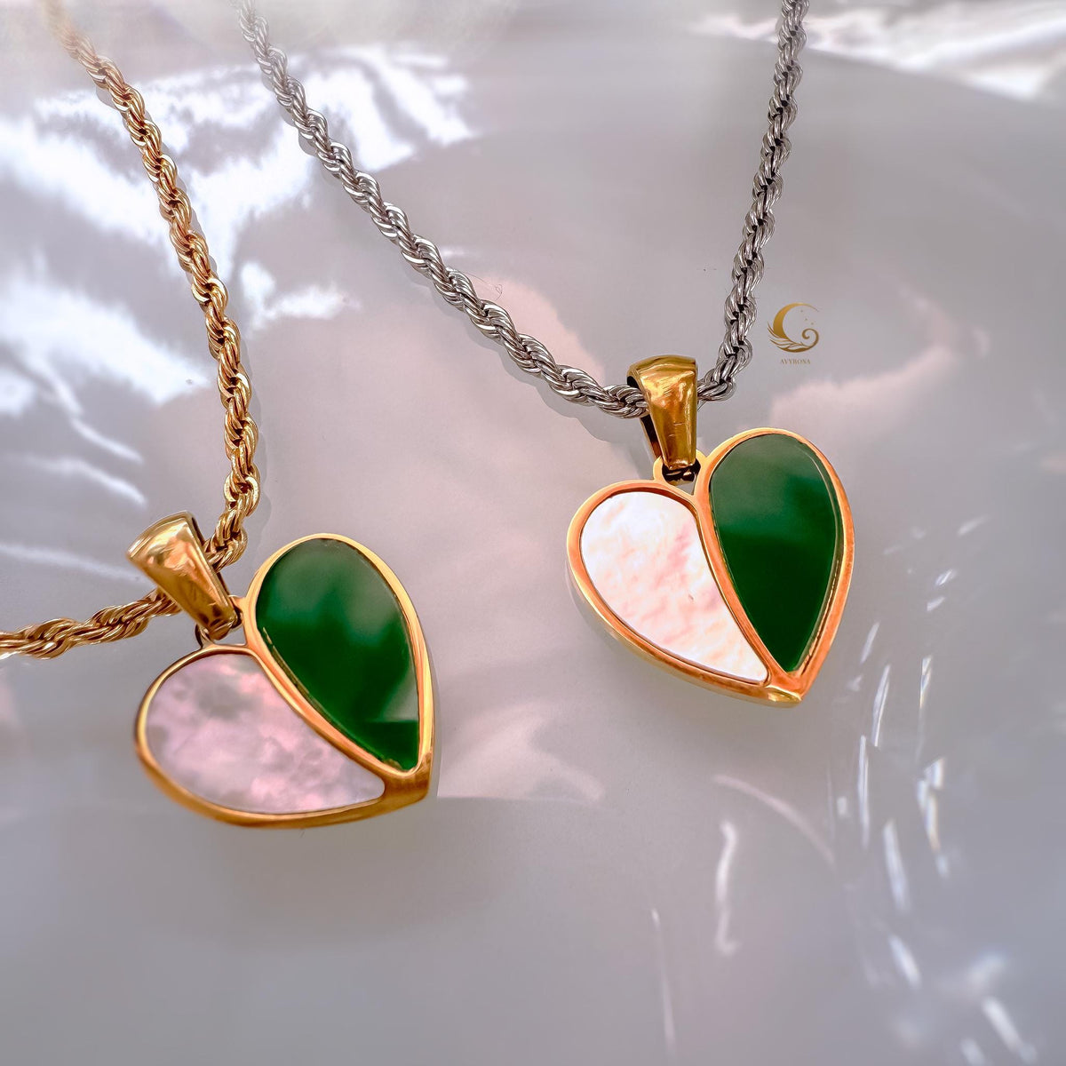 Green Heart Necklace with Shell Pearl Pendant