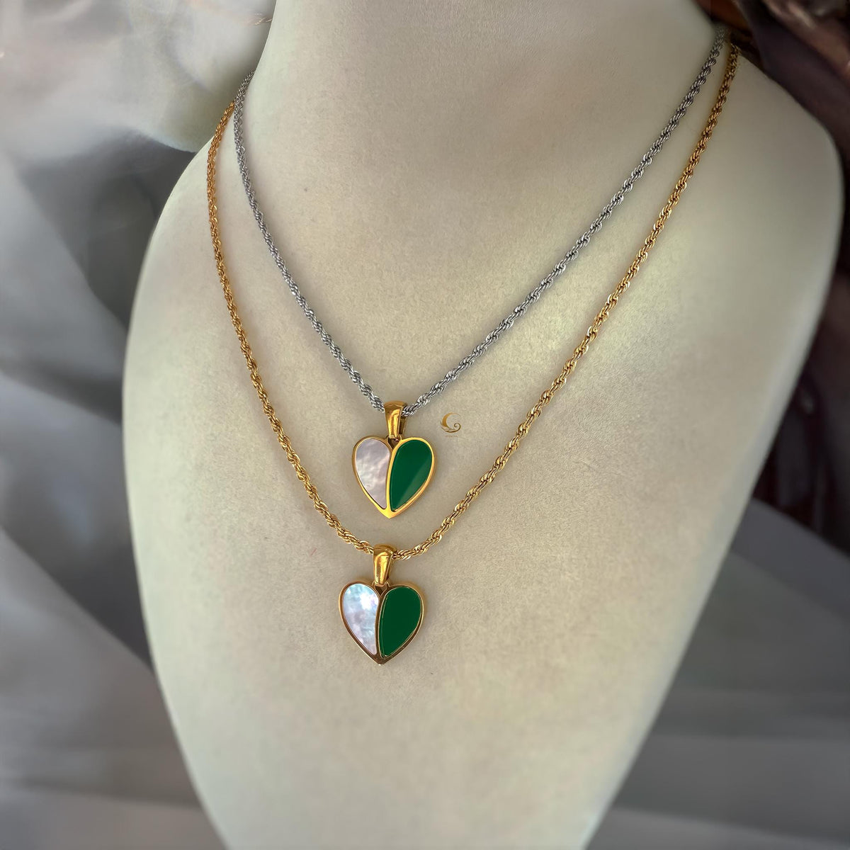 Green Heart Necklace with Shell Pearl Pendant