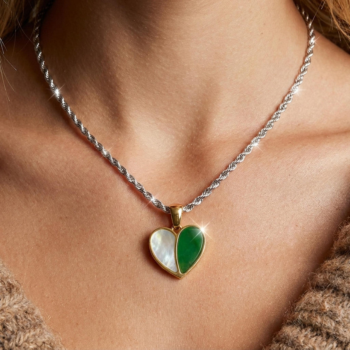 Green Heart Necklace with Shell Pearl Pendant
