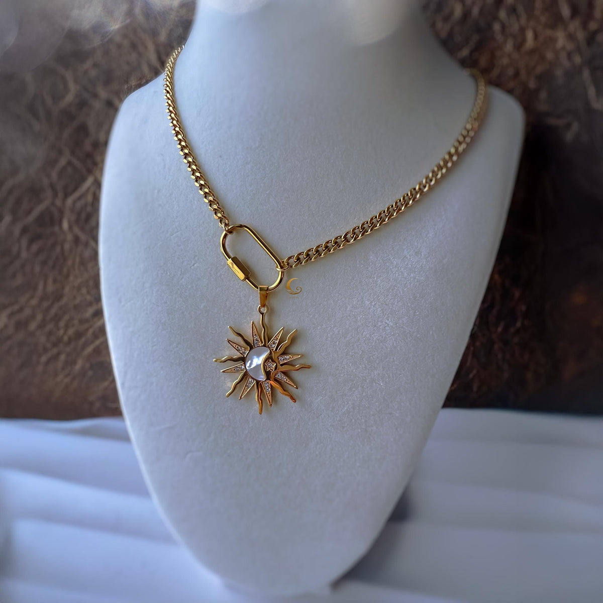 Sun and Moon Pendant Necklace with Shell Inlay and Cubic Zirconia