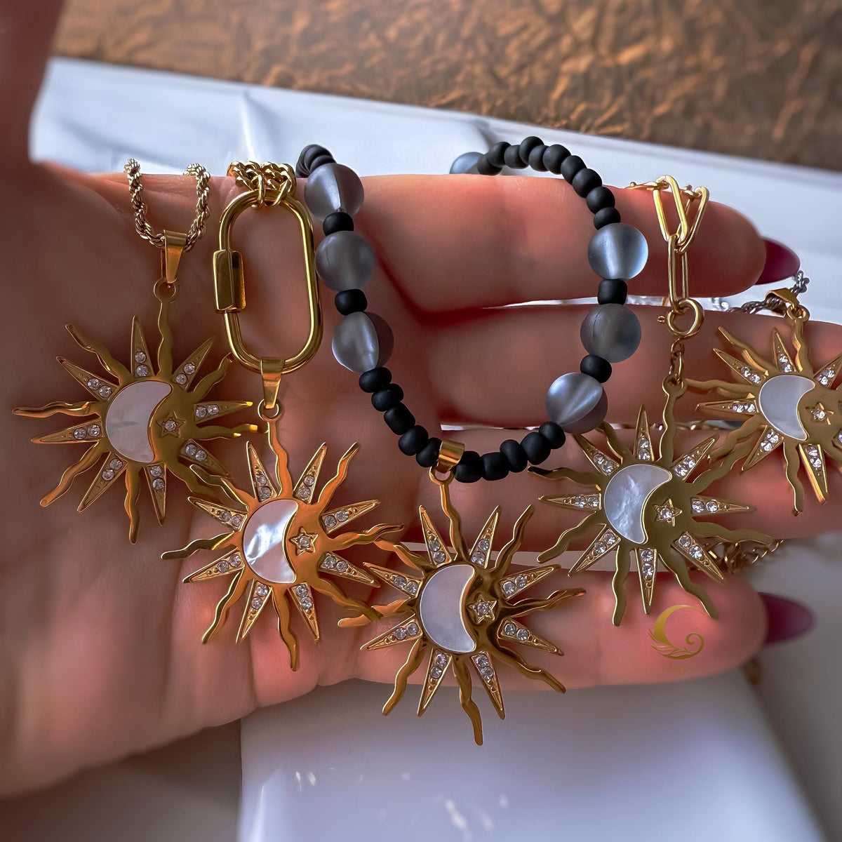 Sun and Moon Pendant Necklace with Shell Inlay and Cubic Zirconia
