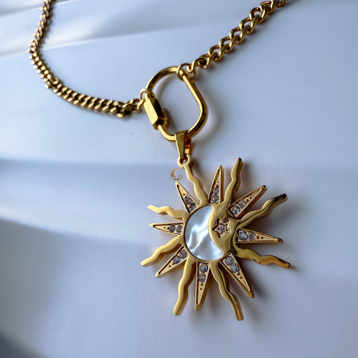 Sun and Moon Pendant Necklace with Shell Inlay and Cubic Zirconia