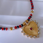 Gold Heart Necklace with Red Crystal