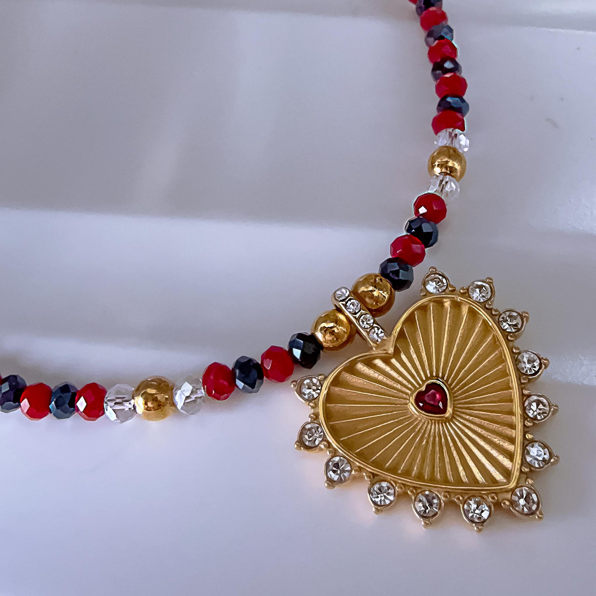 Gold Heart Necklace with Red Crystal