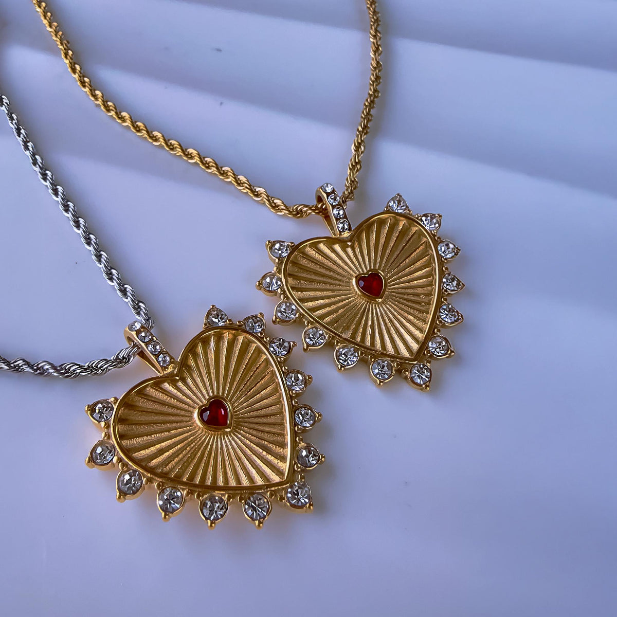 Gold Heart Necklace with Red Crystal