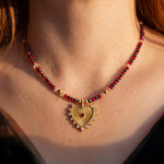 Gold Heart Necklace with Red Crystal