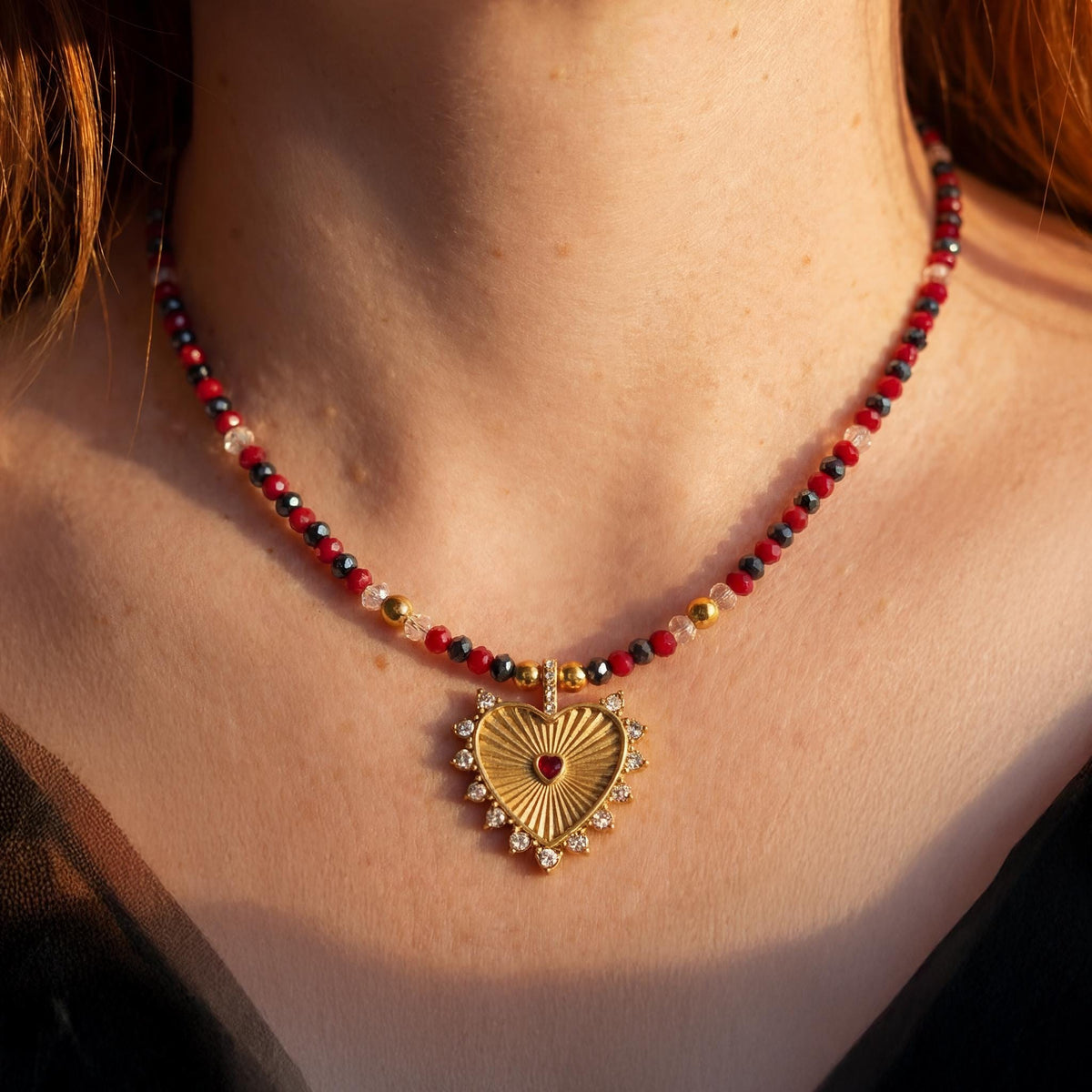 Gold Heart Necklace with Red Crystal