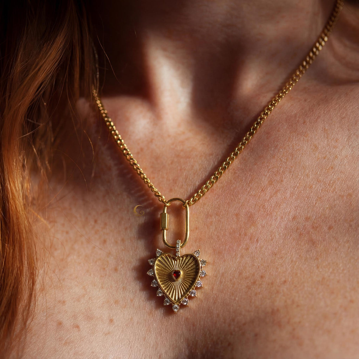 Gold Heart Necklace with Red Crystal