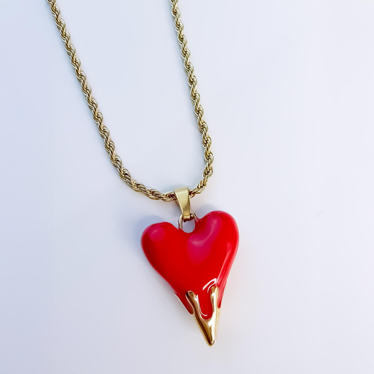 Red Enamel Heart Pendant Necklace on Snake or Rope Chain