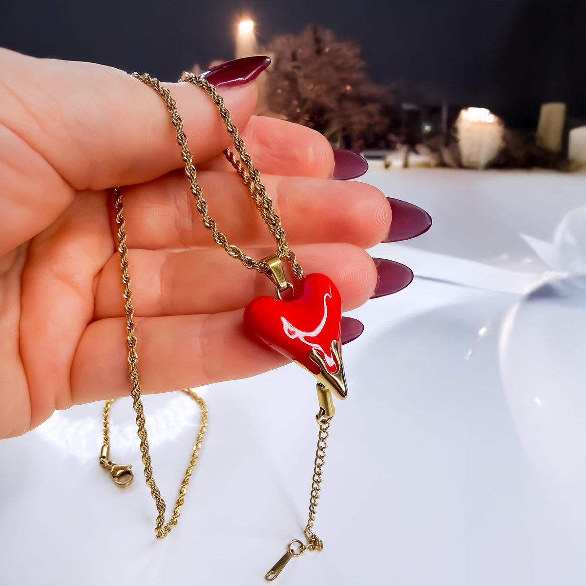 Red Enamel Heart Pendant Necklace on Snake or Rope Chain
