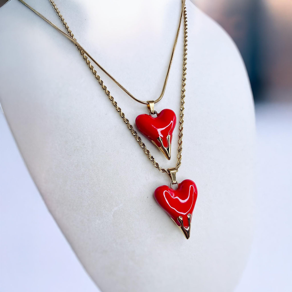 Red Enamel Heart Pendant Necklace on Snake or Rope Chain