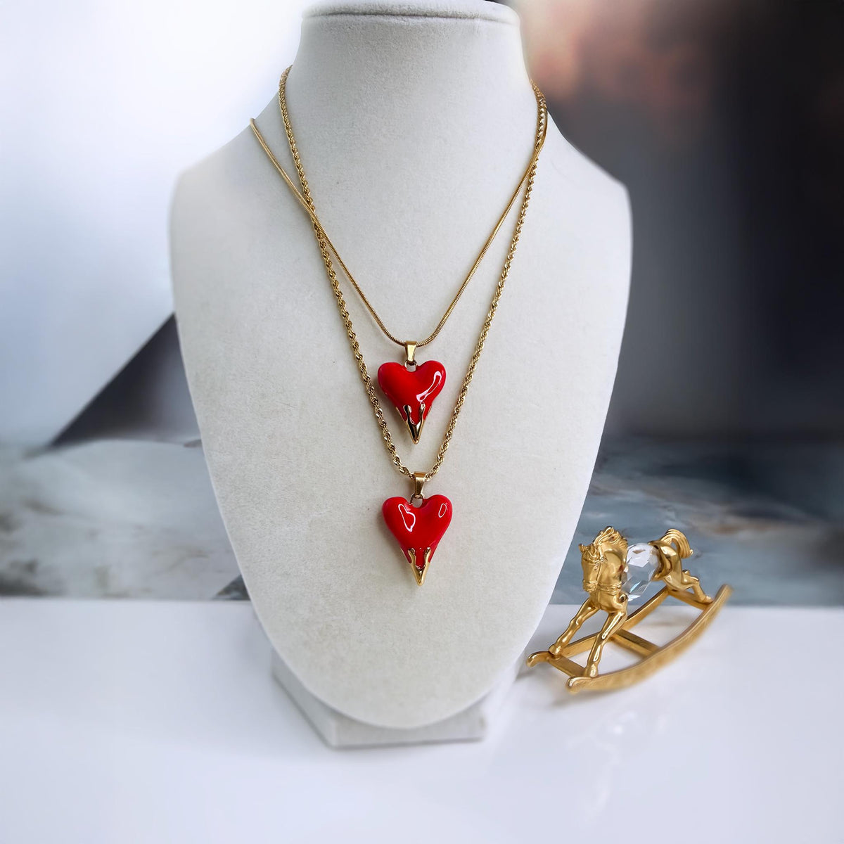 Red Enamel Heart Pendant Necklace on Snake or Rope Chain