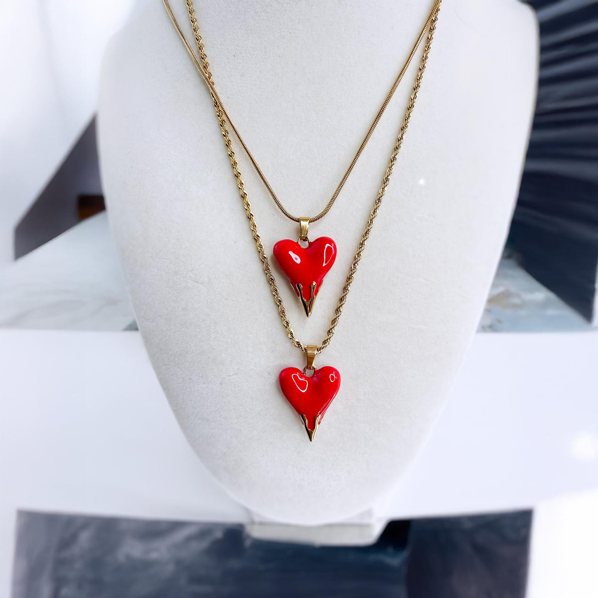 Red Enamel Heart Pendant Necklace on Snake or Rope Chain