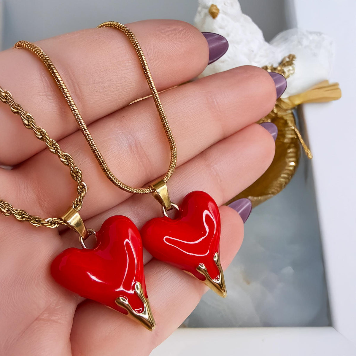 Red Enamel Heart Pendant Necklace on Snake or Rope Chain