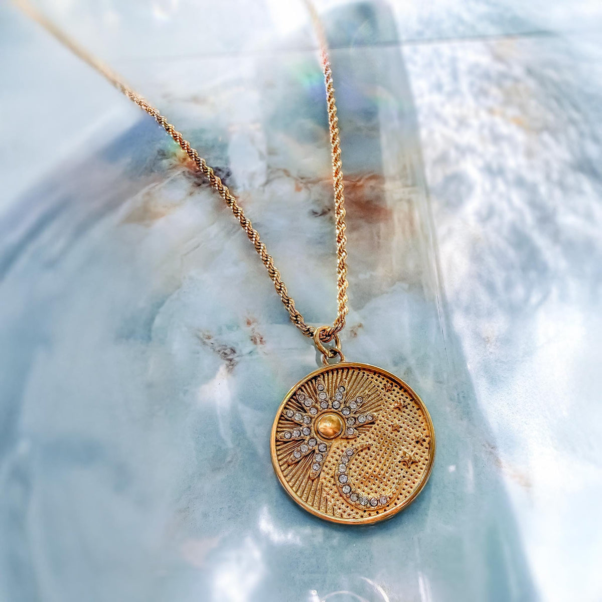 Sun and Moon Medallion Necklace with Cubic Zirconia