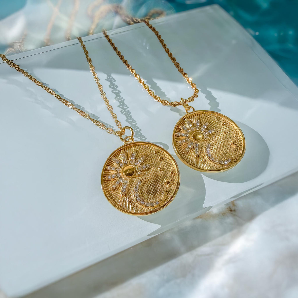 Sun and Moon Medallion Necklace with Cubic Zirconia