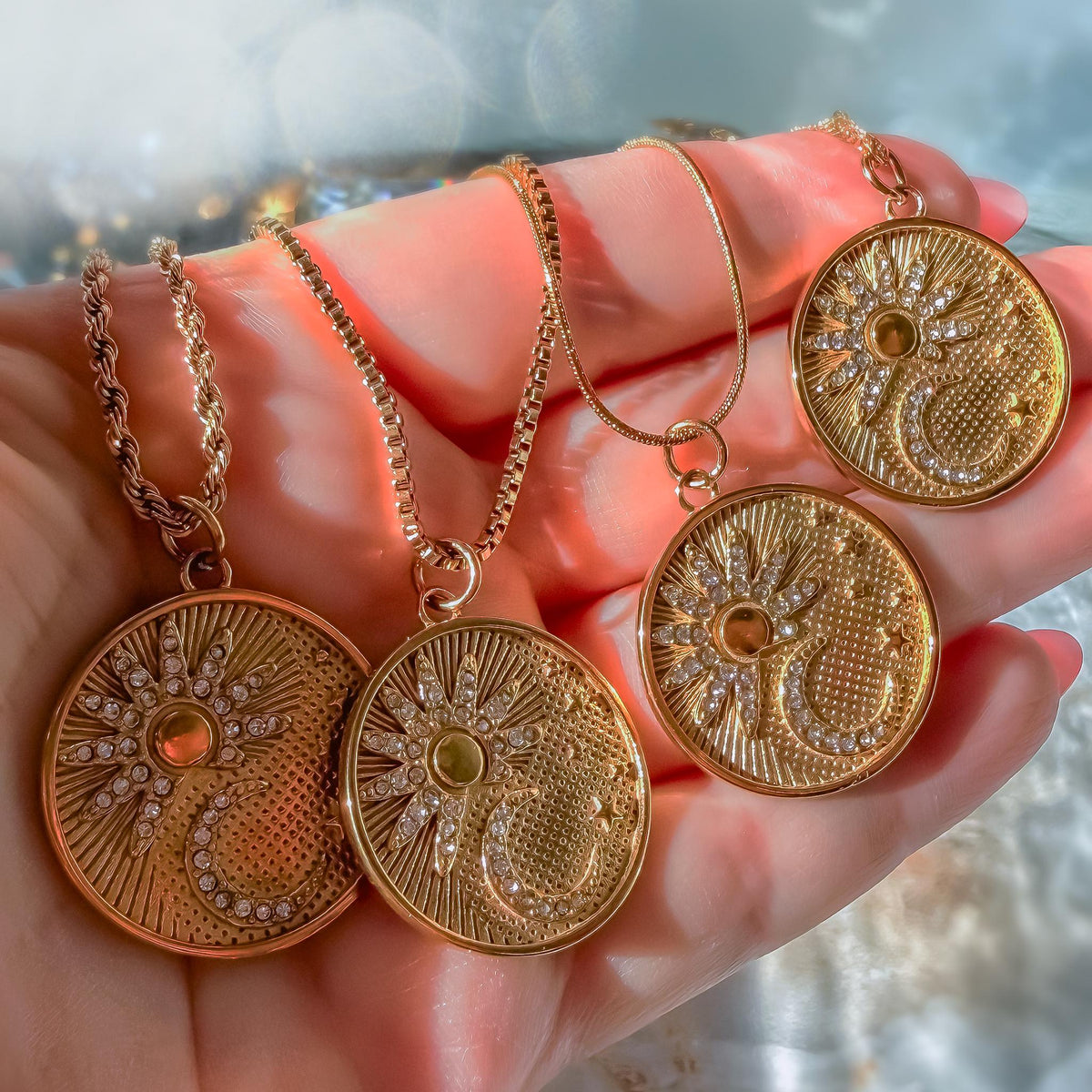 Sun and Moon Medallion Necklace with Cubic Zirconia
