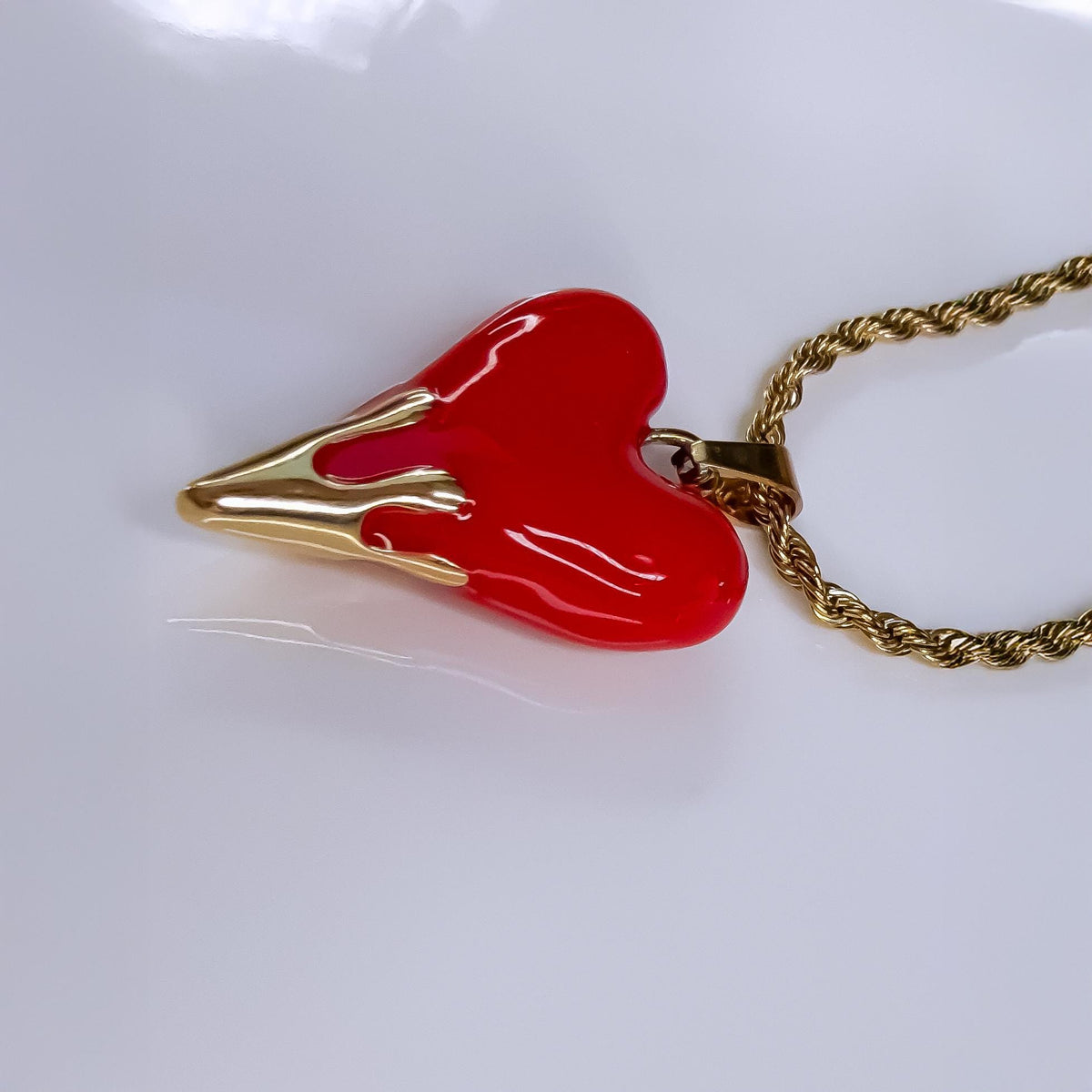 Red Enamel Heart Pendant Necklace on Snake or Rope Chain