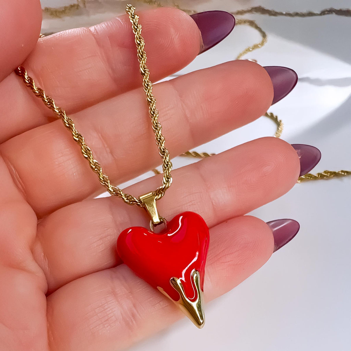 Red Enamel Heart Pendant Necklace on Snake or Rope Chain