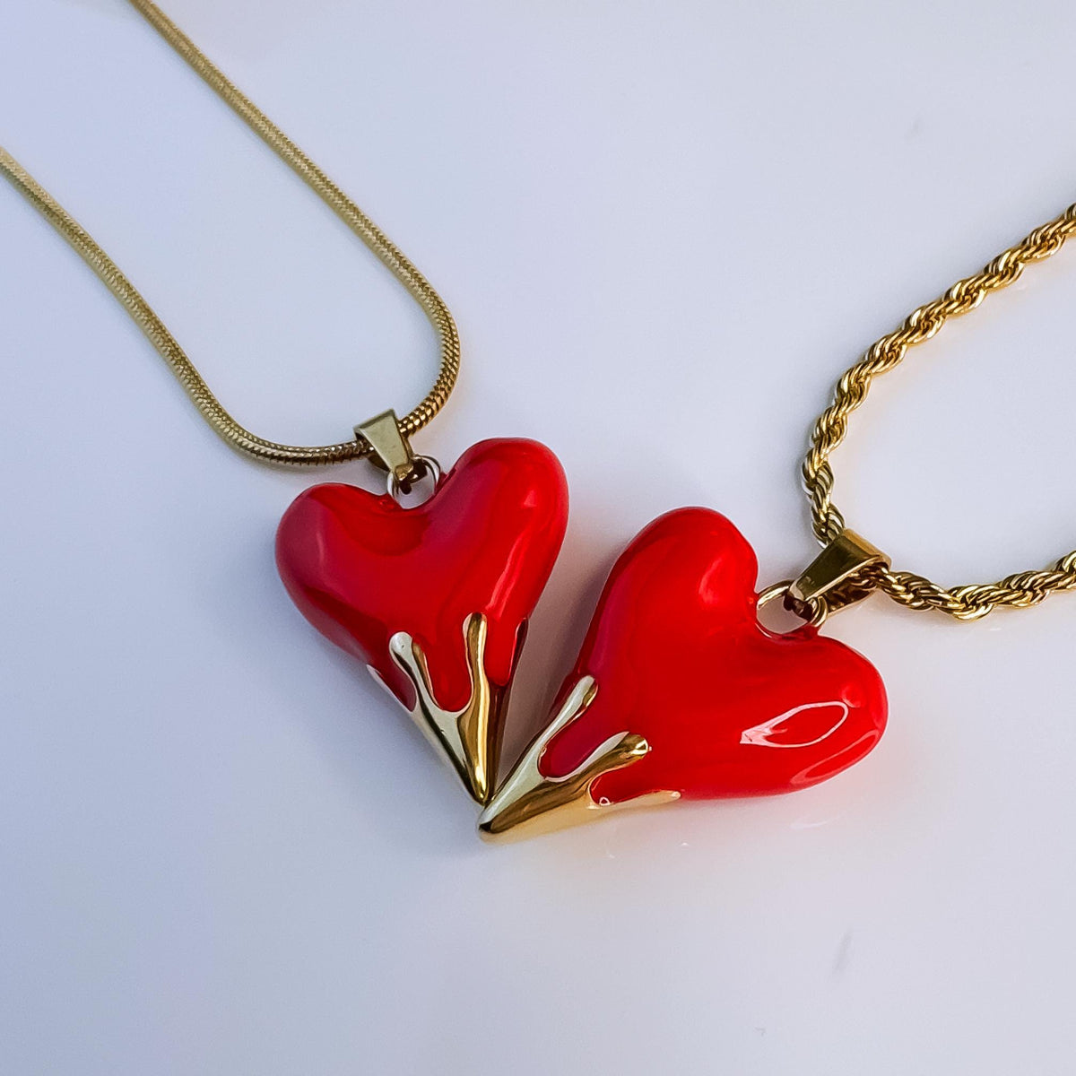 Red Enamel Heart Pendant Necklace on Snake or Rope Chain
