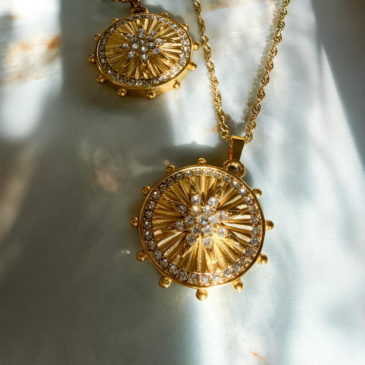 Eight-Pointed Star Gold Coin Necklace with Crystals
