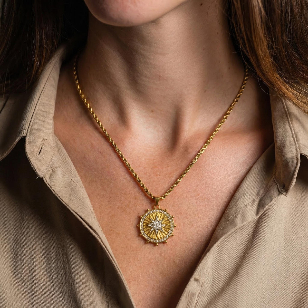 Eight-Pointed Star Gold Coin Necklace with Crystals