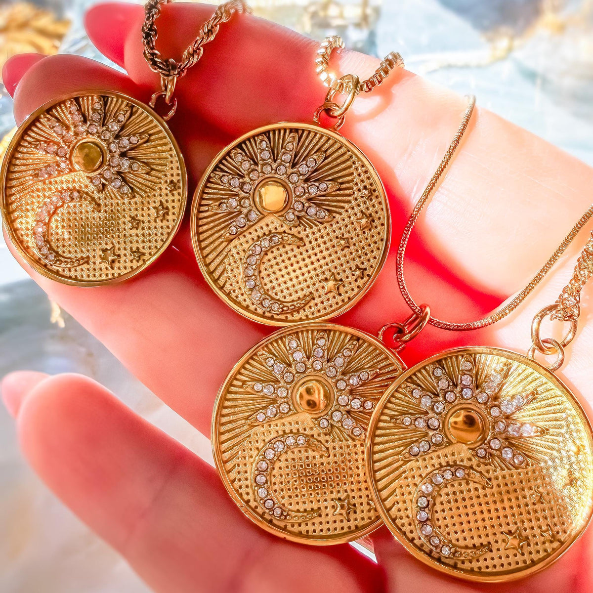 Sun and Moon Medallion Necklace with Cubic Zirconia