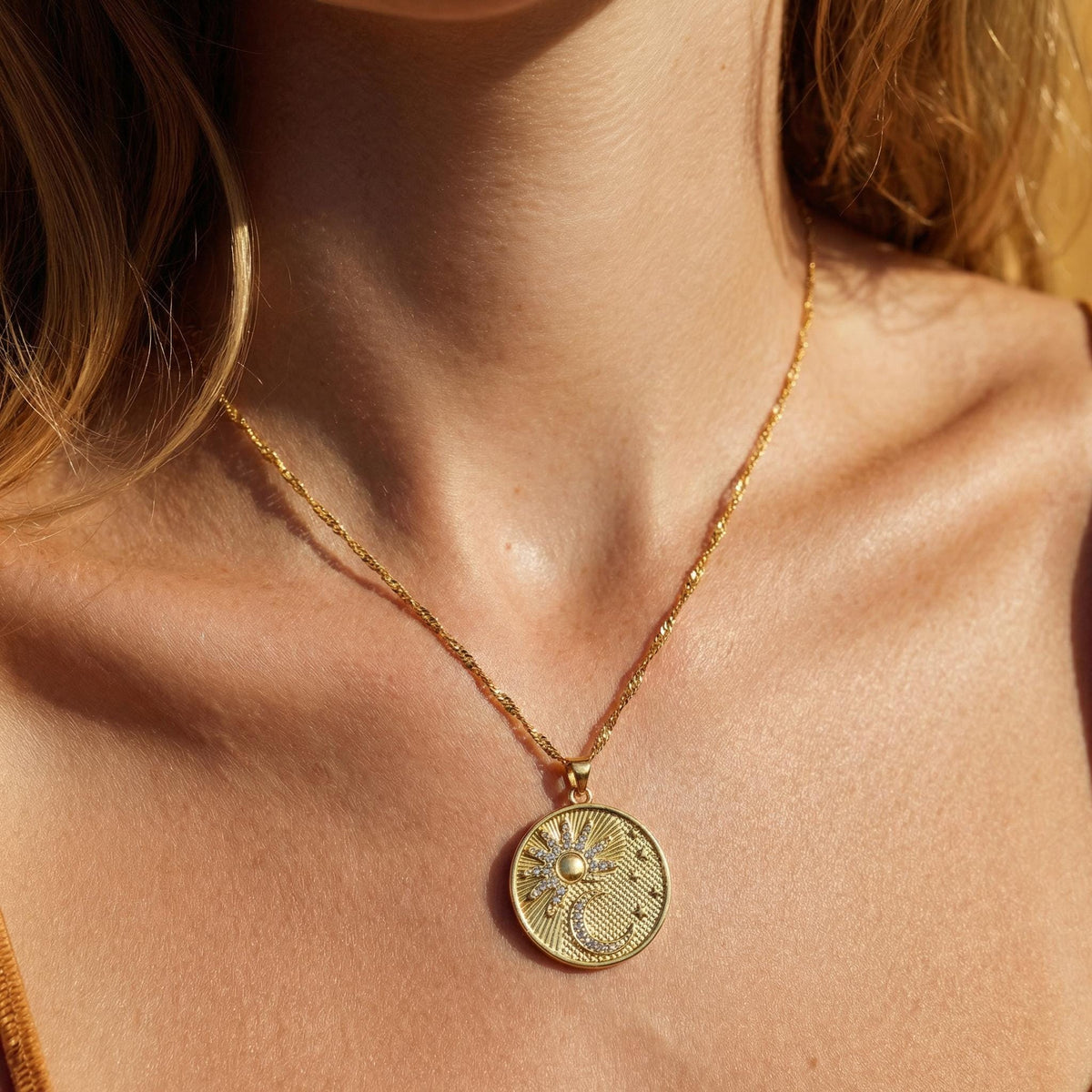 Sun and Moon Medallion Necklace with Cubic Zirconia