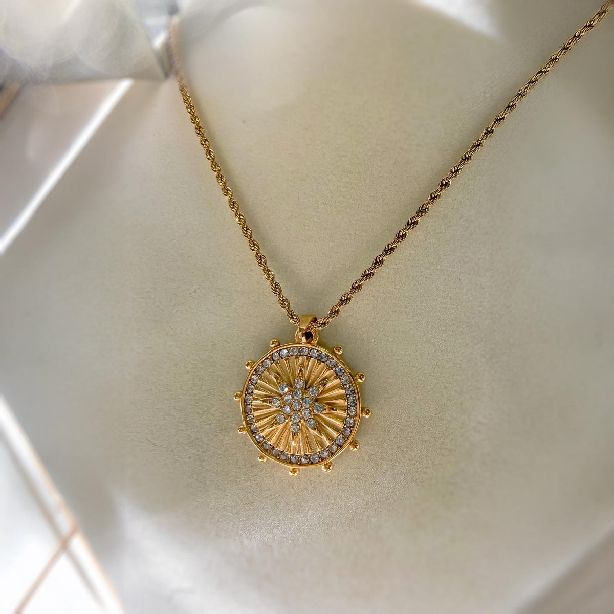 Eight-Pointed Star Gold Coin Necklace with Crystals