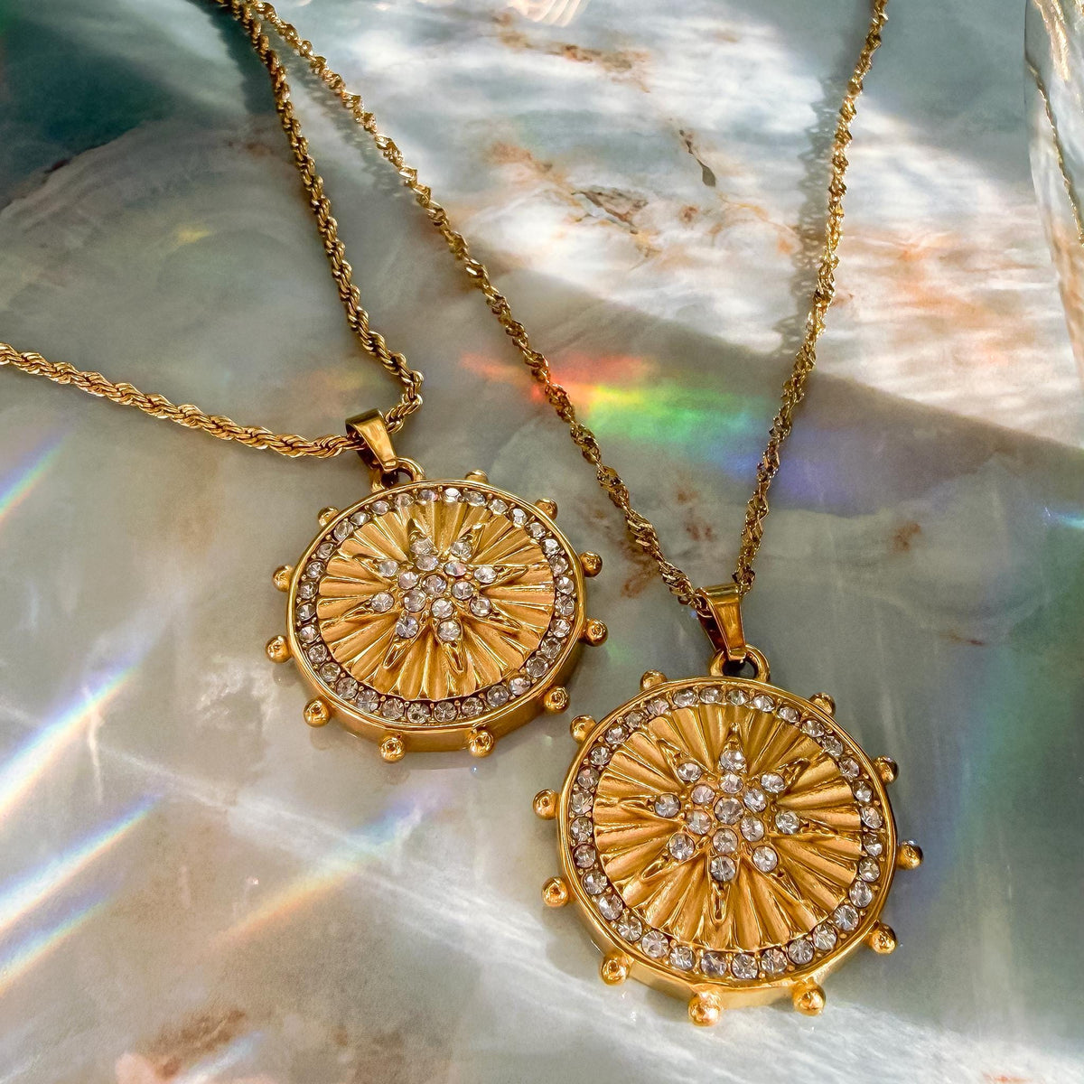 Eight-Pointed Star Gold Coin Necklace with Crystals