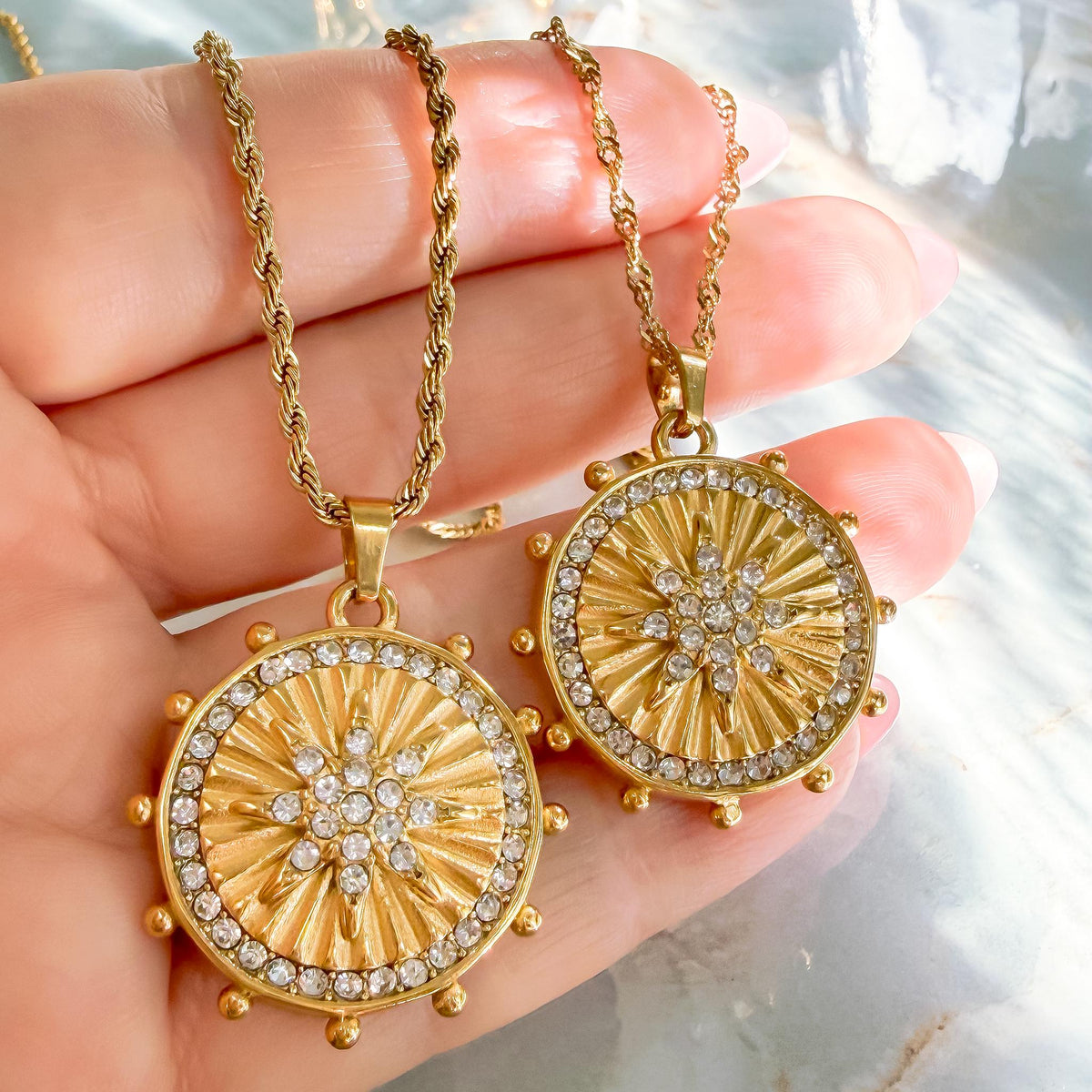 Eight-Pointed Star Gold Coin Necklace with Crystals