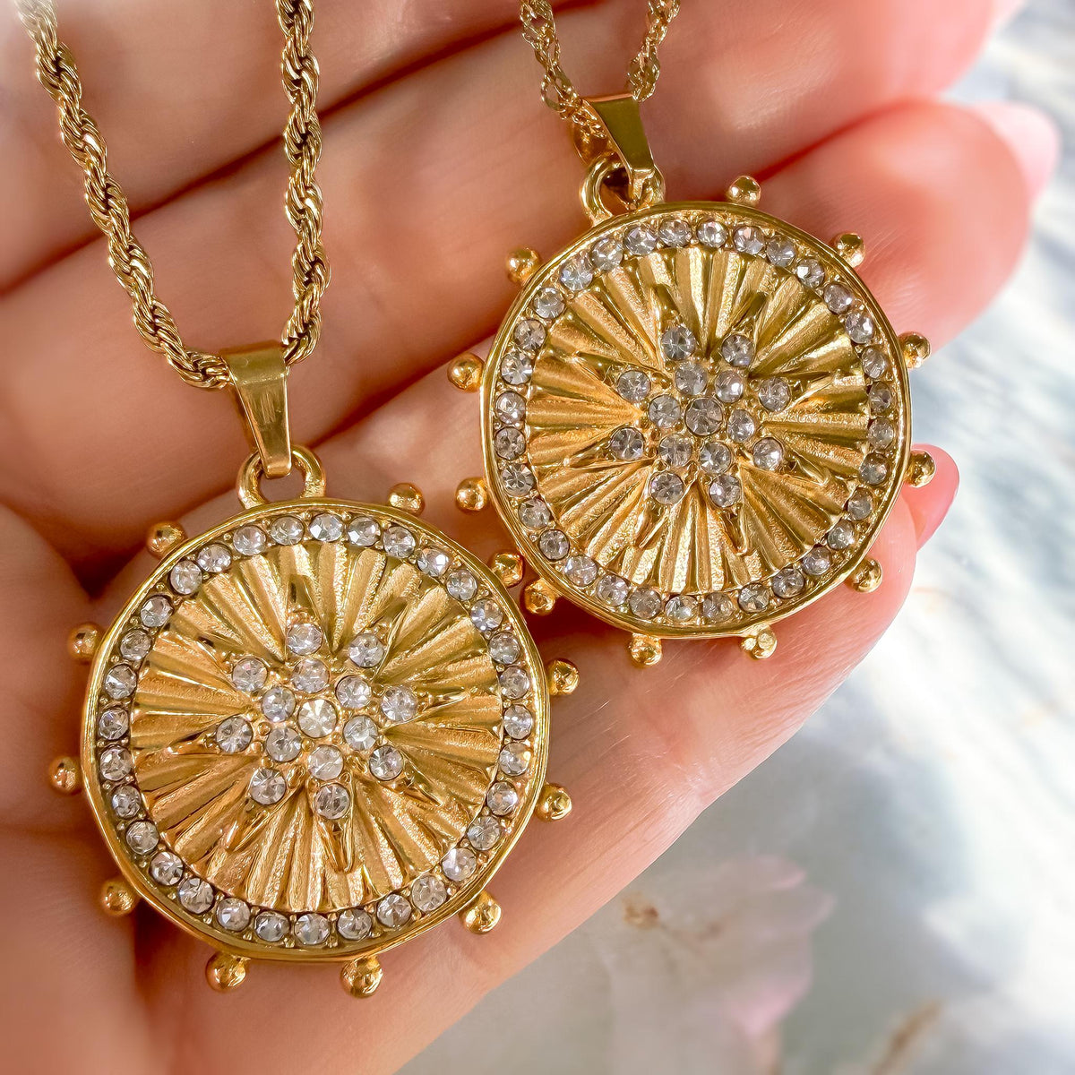 Eight-Pointed Star Gold Coin Necklace with Crystals