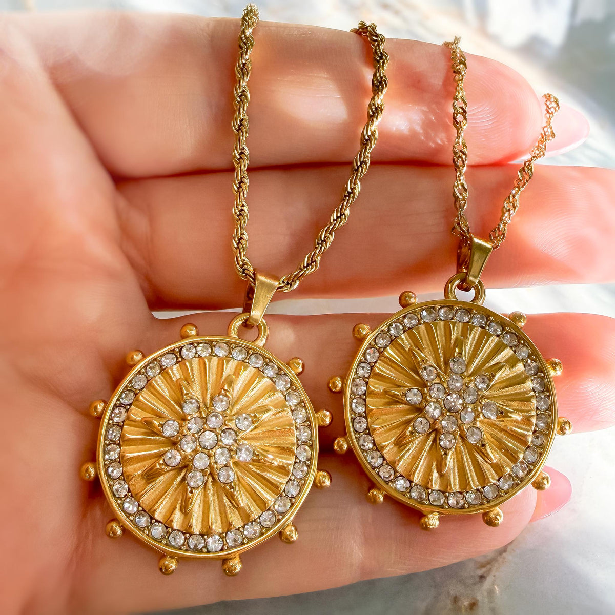Eight-Pointed Star Gold Coin Necklace with Crystals