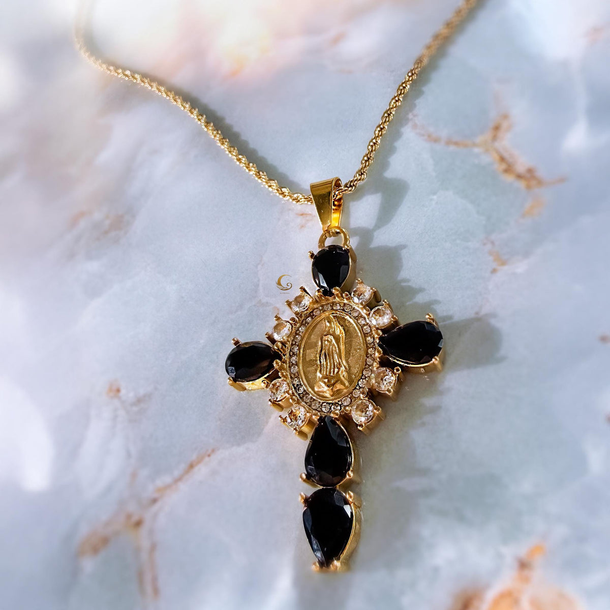 Virgin Mary Cross Necklace with Black Stones