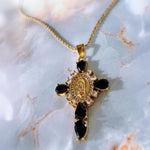 Virgin Mary Cross Necklace with Black Stones